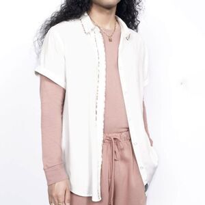 Wildfang The Empower Button-Up Top Large – White/Dizzy Check NWT